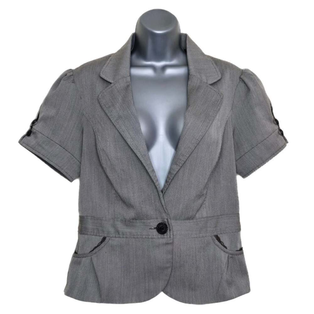 Studio Y Short Sleeve Blazer Jacket Grey Micro-Check Puff Shoulder Size L